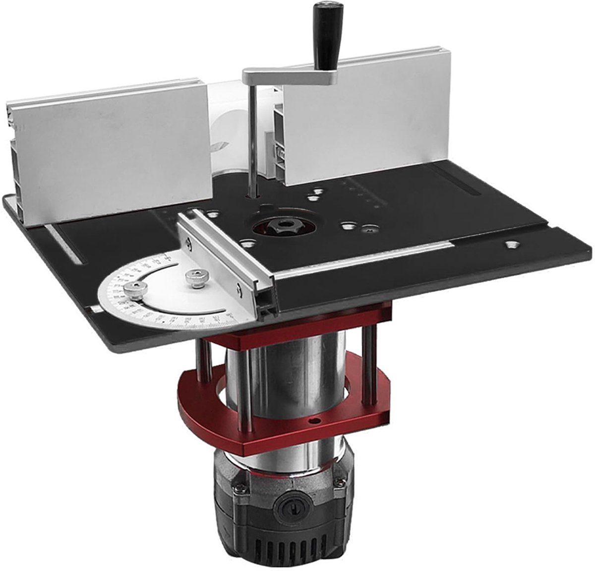 Freesbank – Geschikt voor handfreesmachines - S8 2-in-1 freesmachine met beschermkap - Bakelieten frees- en afwerkmachine - Aluminium - Zwart en rood