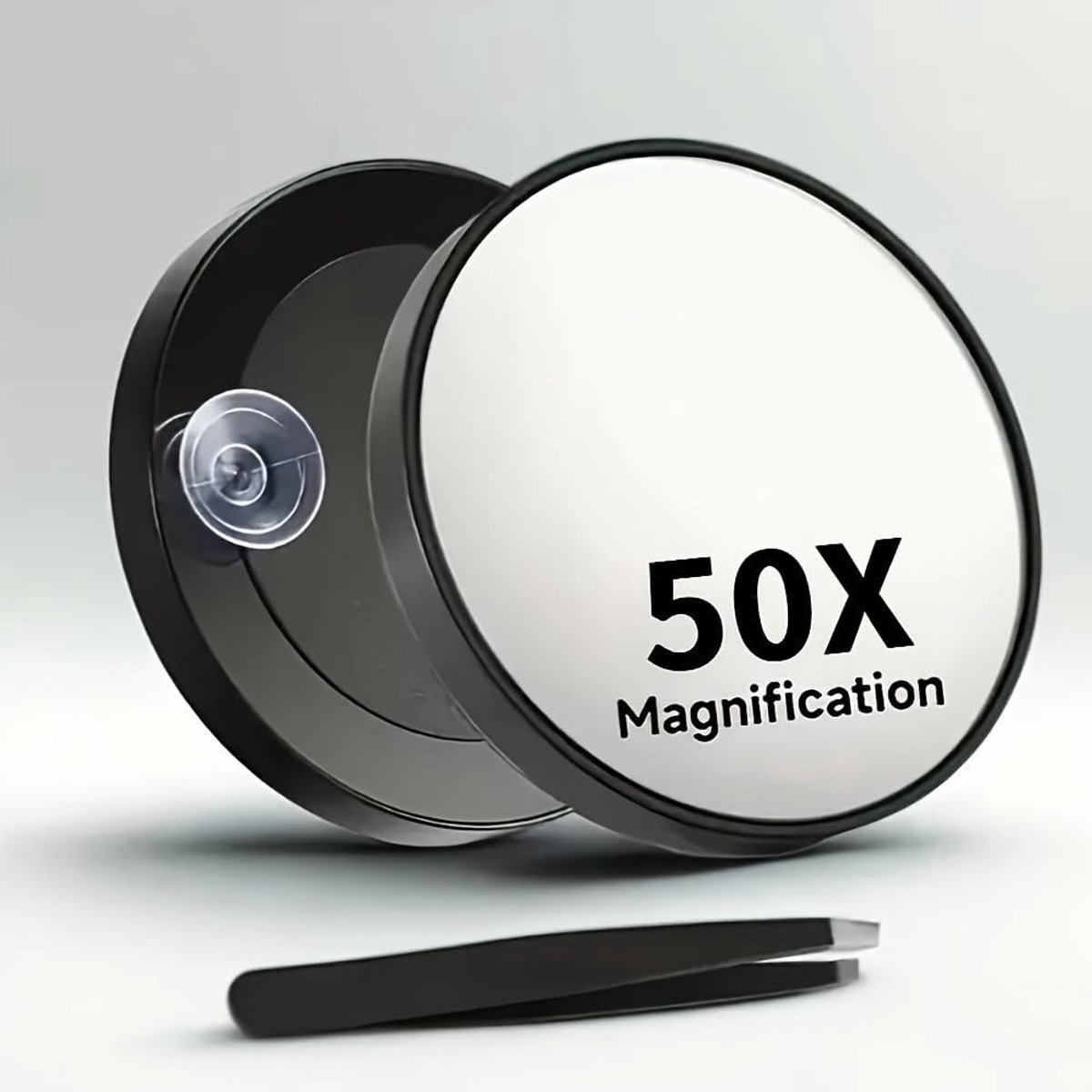 Zwart 50x Vergrotende Spiegel 3,5 Inch, Ronde Zuignapspiegel met Roestvrijstalen Pincet, Ideaal voor Make-up, Wenkbrauwen en Baarden, Compact Reismodel