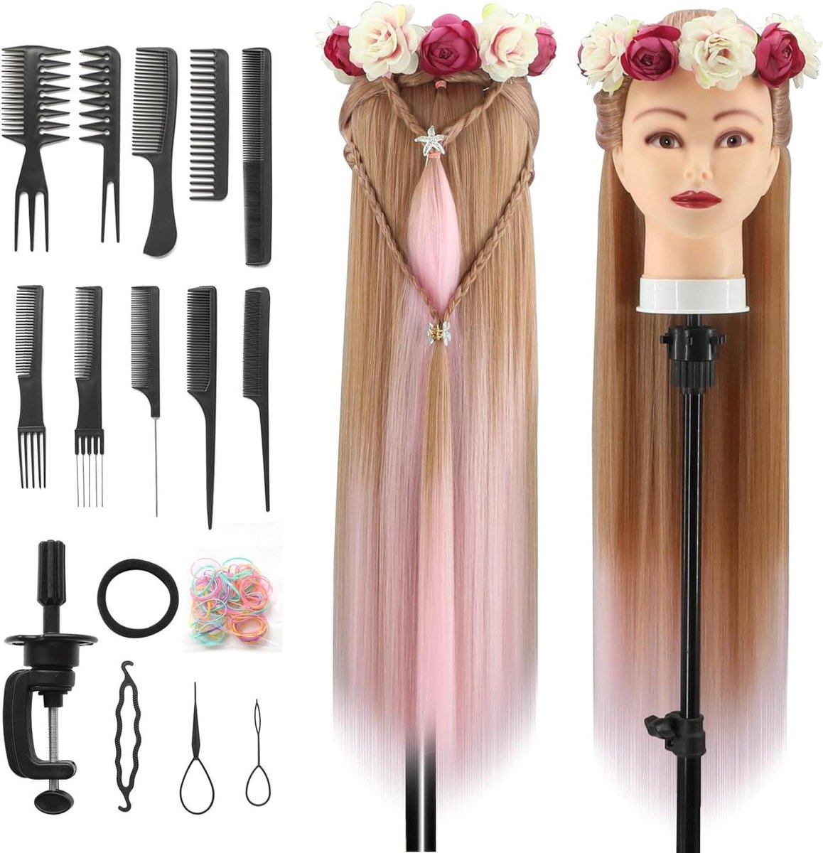 Trainingshoofd Synthetisch - Kappershoofd Oefenhoofd - Haar Styling Oefenen - Inclusief Klem Set - 28 Inch Haar - Bruin Roze
