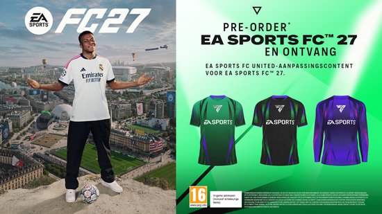 Mbappé op een heuvel, met FC 27-logo en drie shirts in groen, zwart en paars.