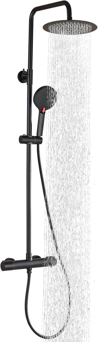 SnelShoppen - Douchesysteem met Thermostaat Zwart, RVS Douchearmatuur, Complete Set met 25 cm Ronde Overhead Regendouche, 3 Straalsoorten, ABS-handdou