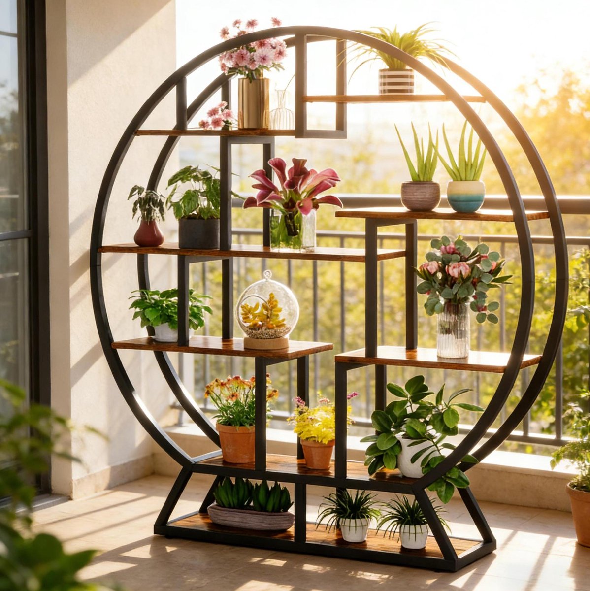 Stellingkast Woonruimte Rond Open Industrieel 150 X 30 X 158 Cm Metaal En Spaanplaat Zwart En Rustiek Bruin Voor Planten En Decoratie