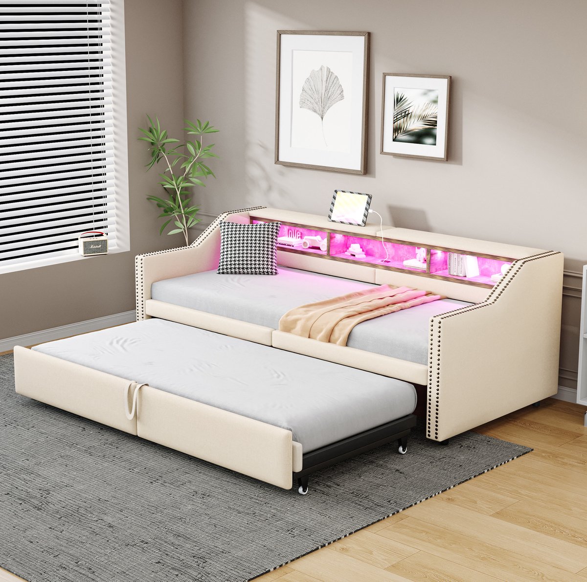 COVREO Bedframe 90/180x200 cm beige met USB en LED zonder matras