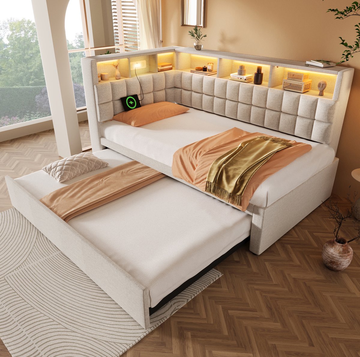 COVREO Bedbank 90x200 cm - beige, met uitrolbed, LED, zonder matras