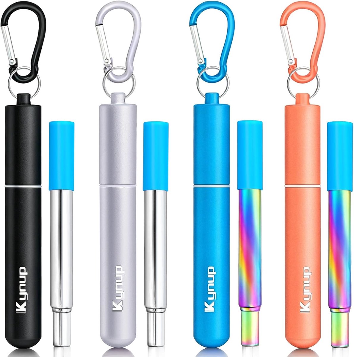 SnelShoppen - Herbruikbare Metalen Rietjes Set van 4, Opvouwbare Reis Rietjes met Houder, Essentiële Cruise Benodigdheden, Silicone Rietjes in Blauw-Z