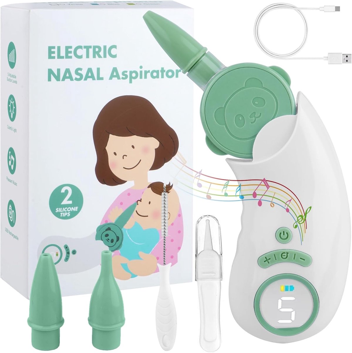 SnelShoppen - Baby Elektrische Neus Aspirator met 5 Zuigniveaus, USB Oplaadbare Neus Aspirator voor Baby's met 2 Siliconen Tips, Muziekfunctie en Verl