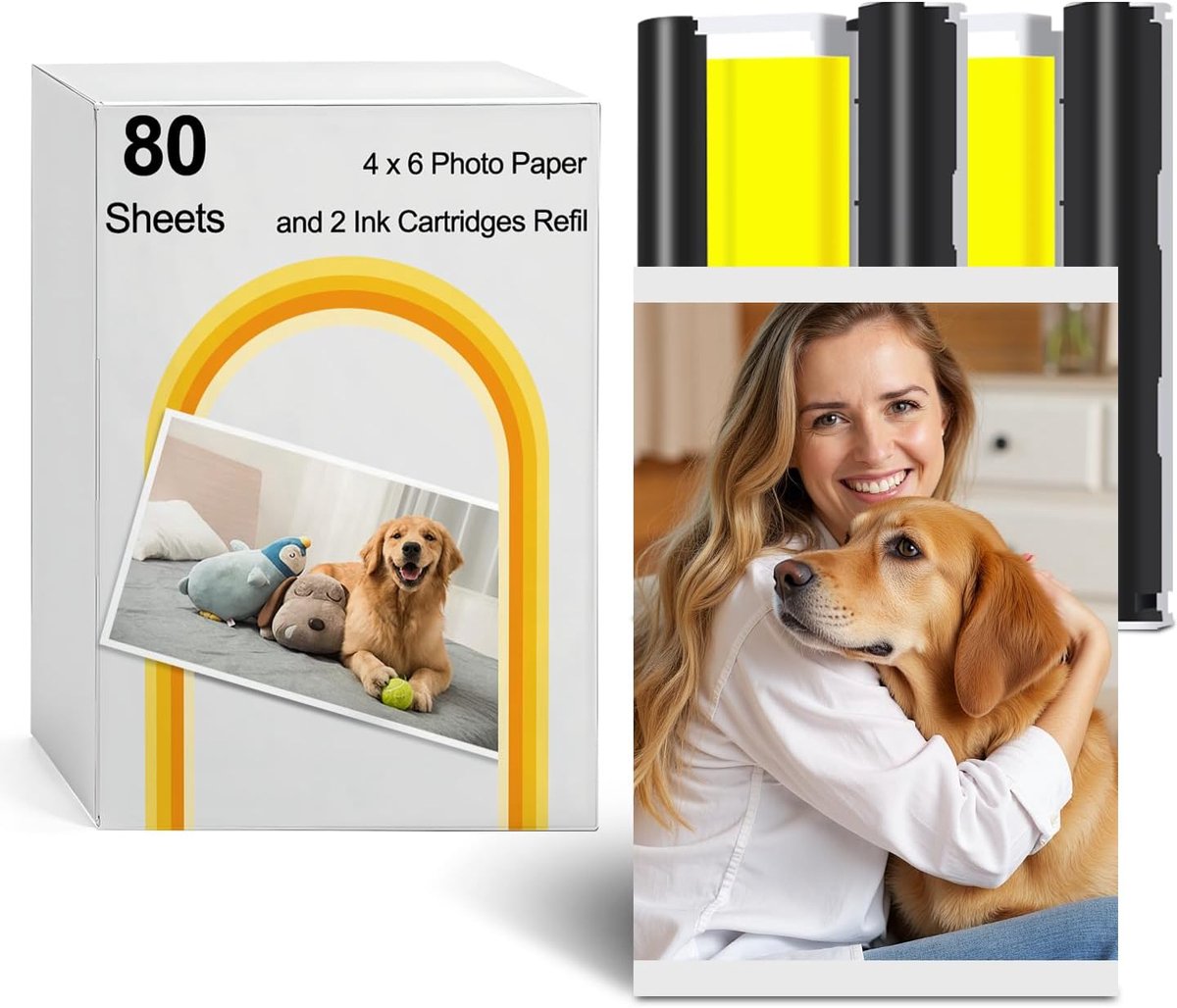 SnelShoppen - 4x6 Foto Printer Ink & Paper Set - 2 Inkt Cartridges + 80 Vellen Hoogglans Fotopapier voor Postkaart formaat DHP512/DHP513 - Ideaal voor
