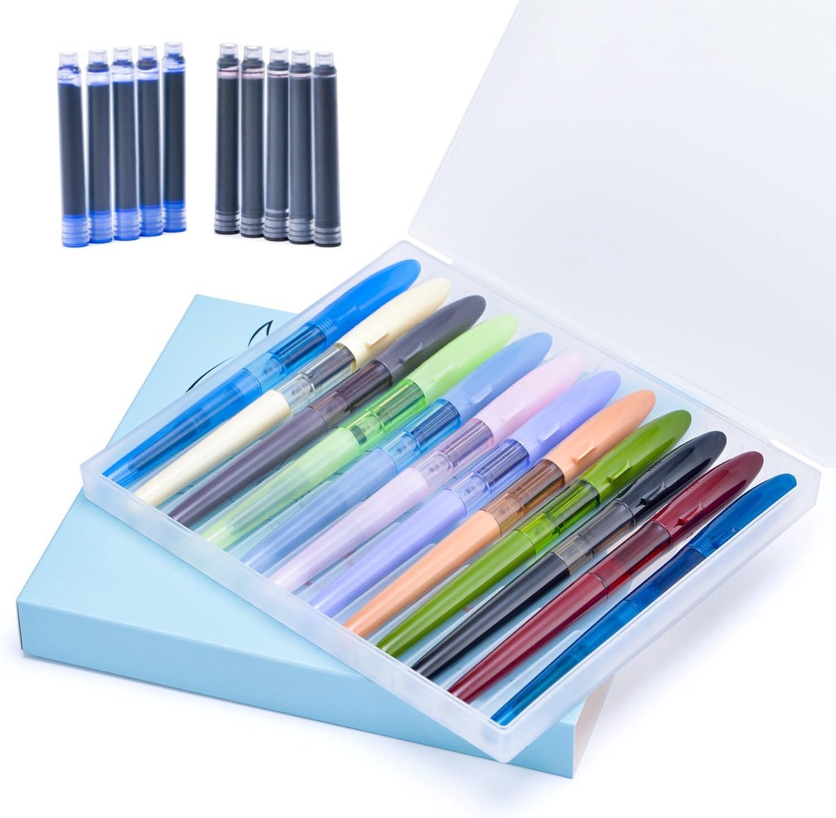 Thijox - 12 stuks Vulpennen Set met Fijne Penpunt, 10 Patronen (5 Zwart + 5 Blauw), Diverse Kleuren, Inclusief Hervulbare Converters, Geschikt voor Sc