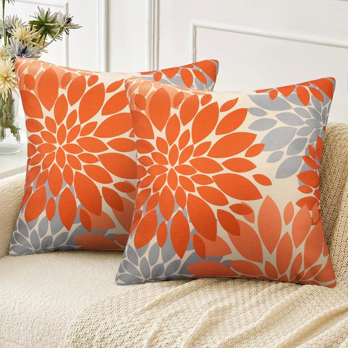SnelShoppen - Set van 2 Decoratieve Kussenslopen 45 x 45 cm, Oranje en Grijs, Zachte Linnen Kussenhoezen, Geometrisch Design, Ideaal voor Sofa en Tuin