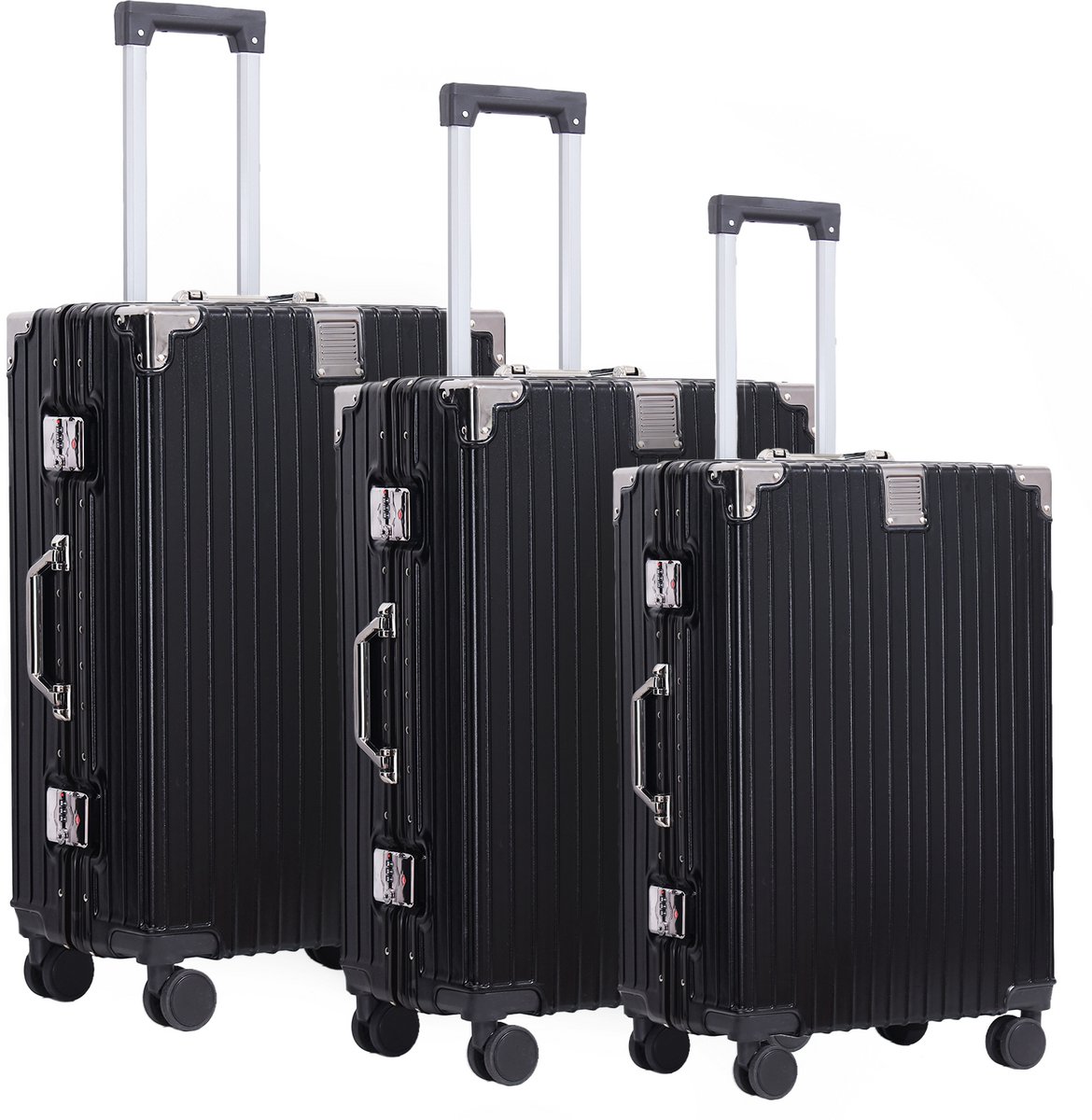 FLY&BYE® Kofferset Axis Aluminium S/M/L - 3 Delig - Complete Set - 37 Handbagage + 67 en 94L Ruimbagage - Cijferslot - Zwart