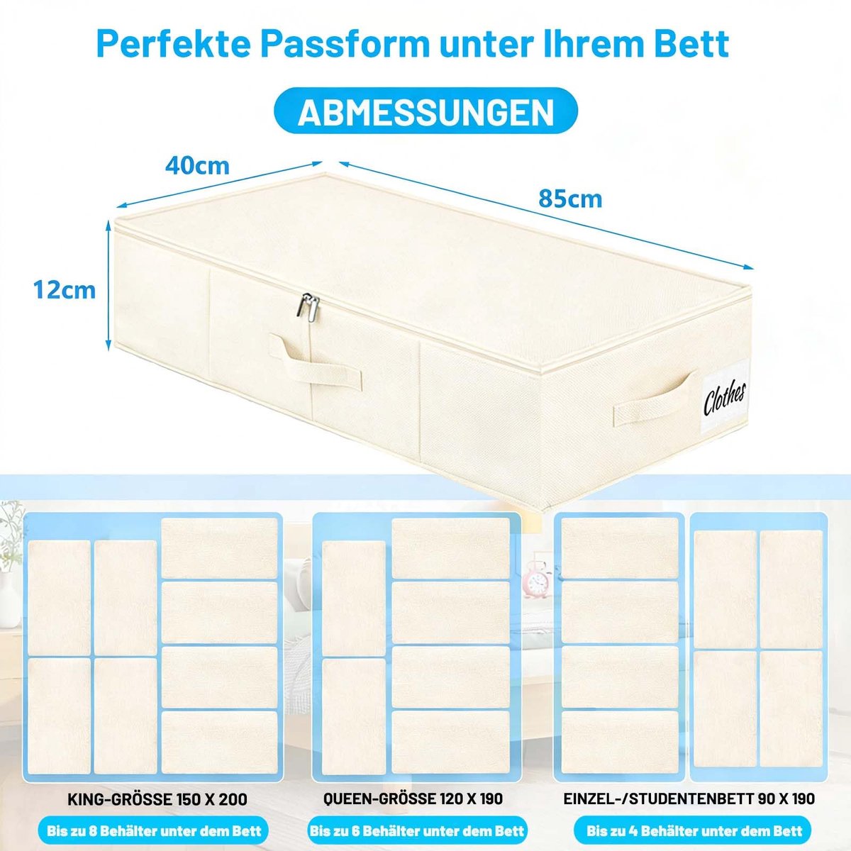 SnelShoppen - Opbergdoos voor onderbed met deksel - 12 cm hoog, 2 stuks, opvouwbare opbergruimte voor kleding en dekens met ritssluiting en handgrepen