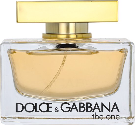 Glazen parfumfles met gouden dop, met het opschrift 'DOLCE & GABBANA the one'.