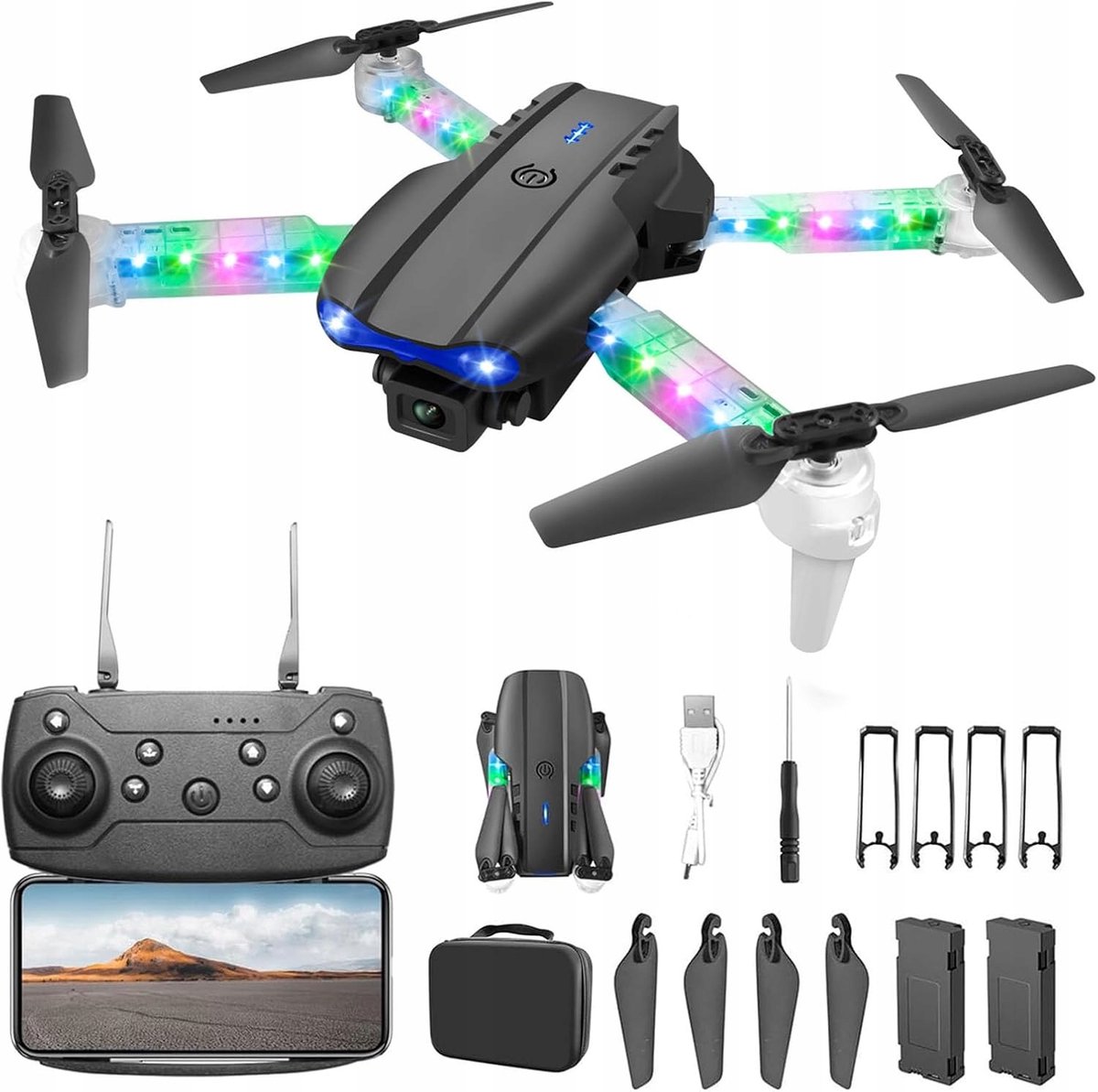 E99D Drone met Dubbele Camera - Quadcopter - 100m - Opvouwbaar - LED verlichting - WiFi - 1 Druk Opstijgen - 2x 1800mAh - voor Kinderen en Beginners - Cadeau