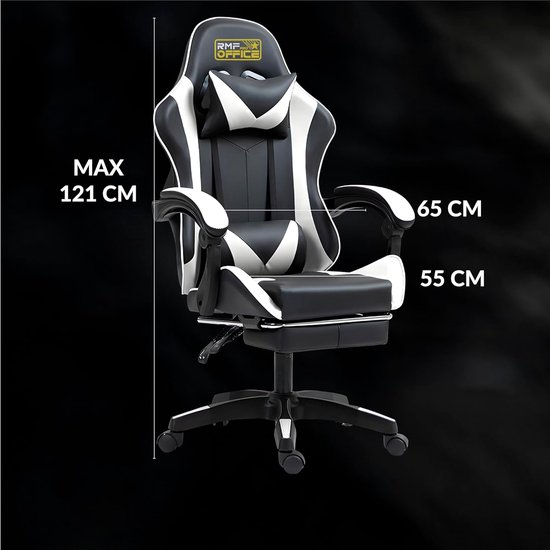 SnelShoppen - Professionele Gaming Stoel - Ergonomisch & Kantelbaar - Comfortabele Gaming Stoel met Voetsteun - Draaiwielen, Hoogte Verstelbaar (Wit) van snelshoppen — afbeelding 2