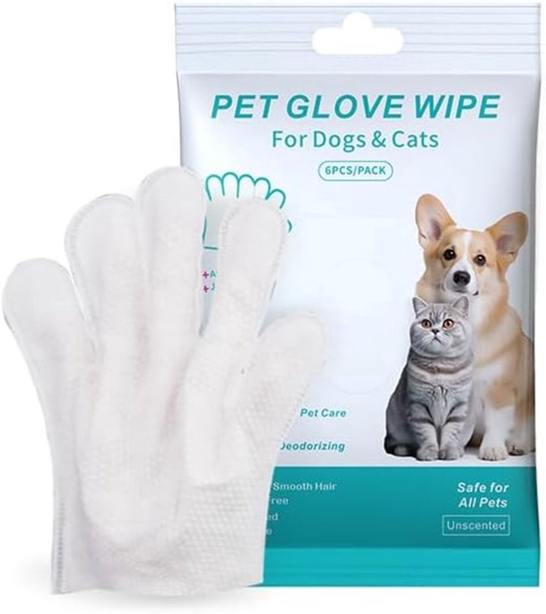 SnelShoppen - Pet Glove Wipes, Schoonmaak Handschoenen voor Hond en Kat, 6 Stuks, Voor Vacht, Gezicht, Oren, Ogen en Pootjes, Gemakkelijk en Effectief