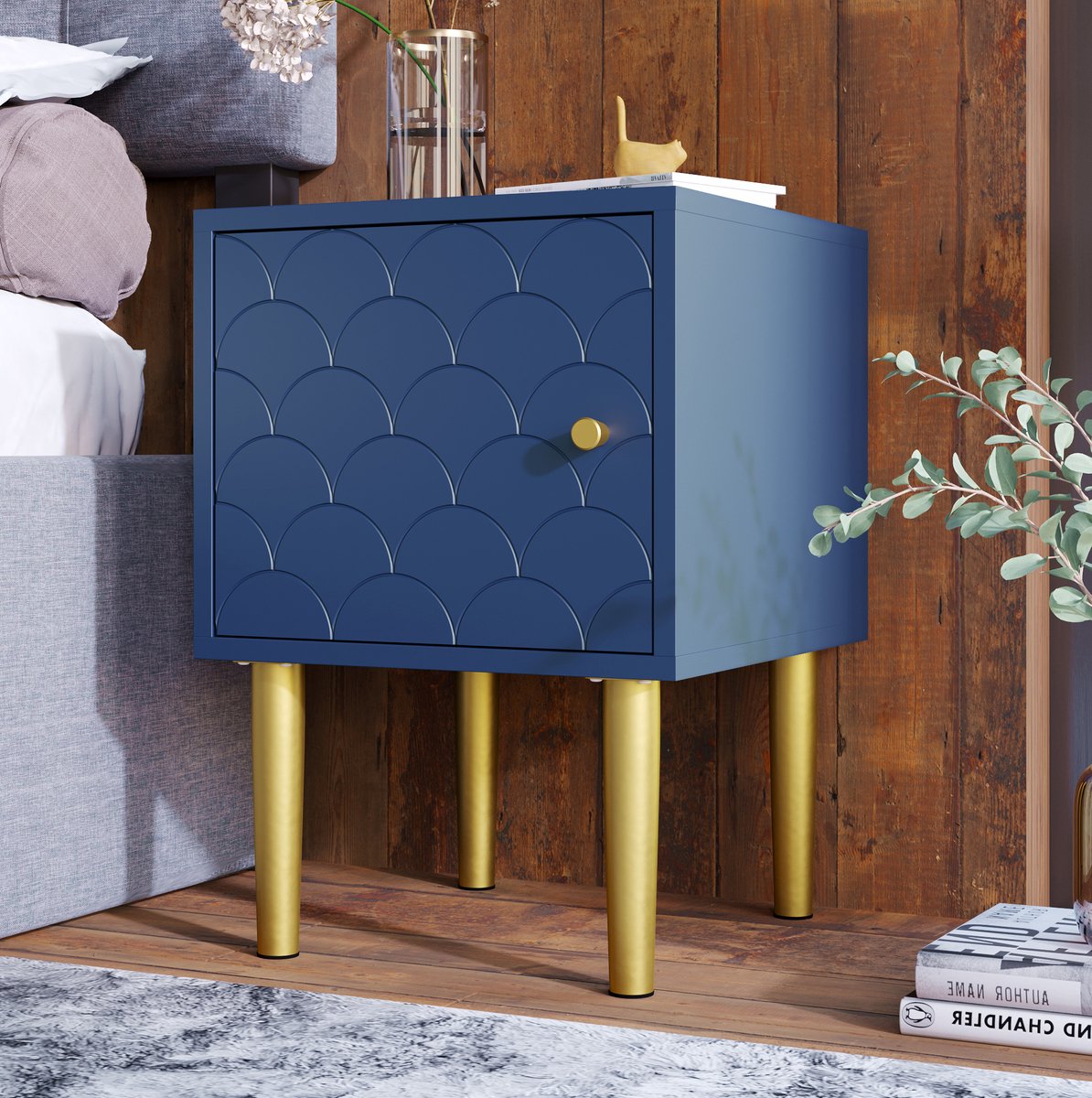DESMIU Nachtkastje - Visgraatlook Met Deur En Metalen Poten - Voor Slaapkamer En Woonkamer - Spaanplaat En Metaal - 35x35x51 Cm - Marineblauw