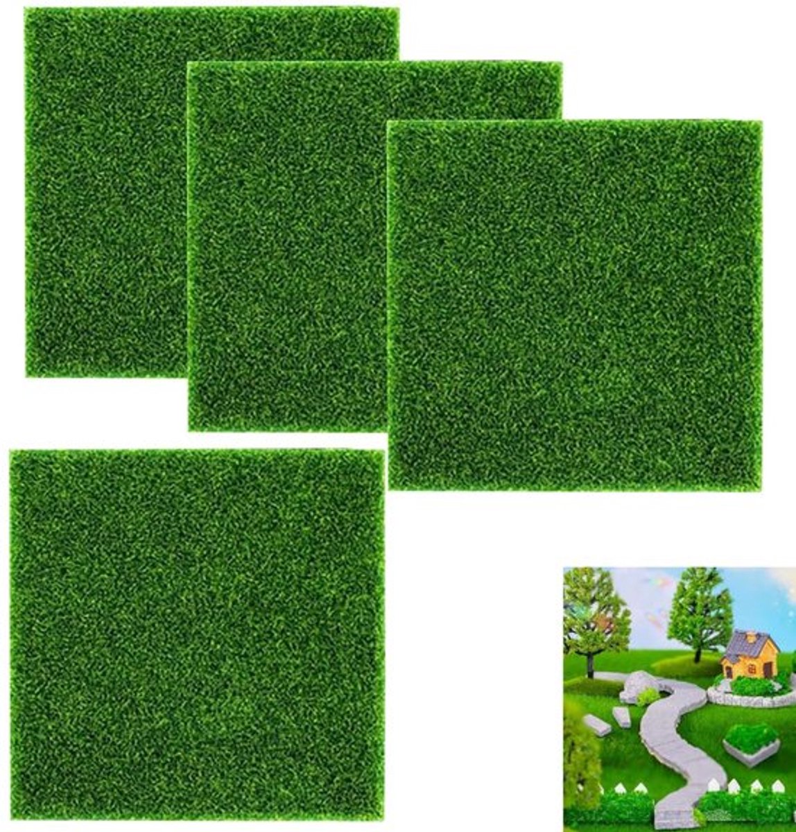 Kunstgras 4 Stuks 15 x 15 cm - Groen - Doe-het-zelf Decoratie - Micro-tuin - Poppenhuis - Natuurlijk Effect - Nepgras