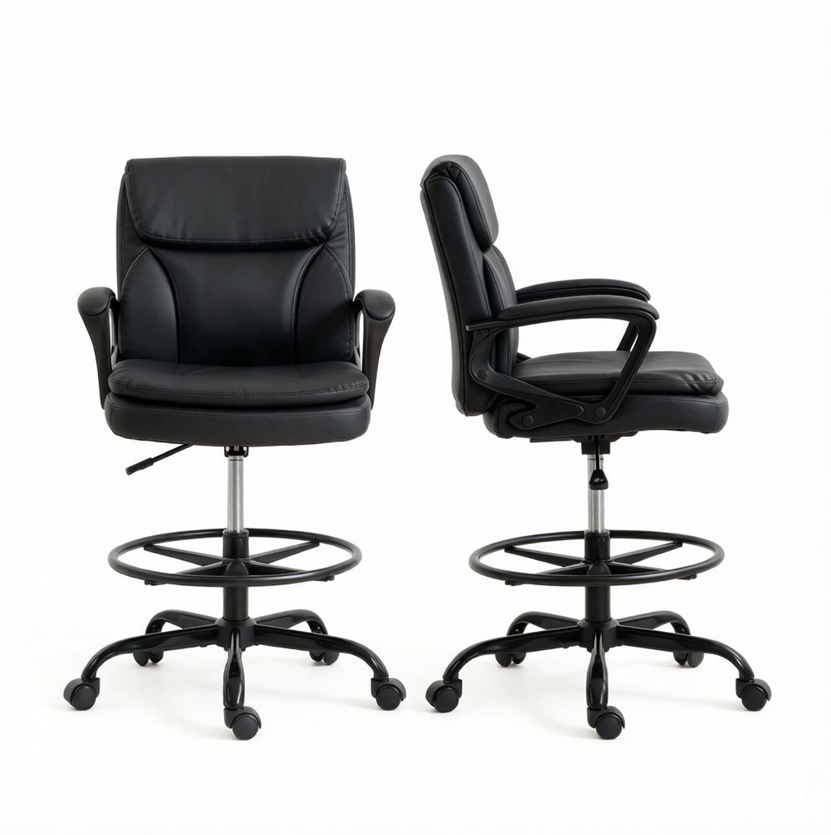 OKWISH Bureaustoel 61 x 61 x 93-108 cm - Ergonomisch En In Hoogte Verstelbaar Met Voetring En Wielen - Kunstleer - Zwart