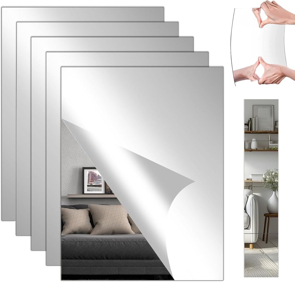 Set van 5 Zelfklevende Spiegels, 20 x 30 cm, Flexibel voor Badkamer, Woonkamer en Slaapkamer, Decoratieve Wandspiegels