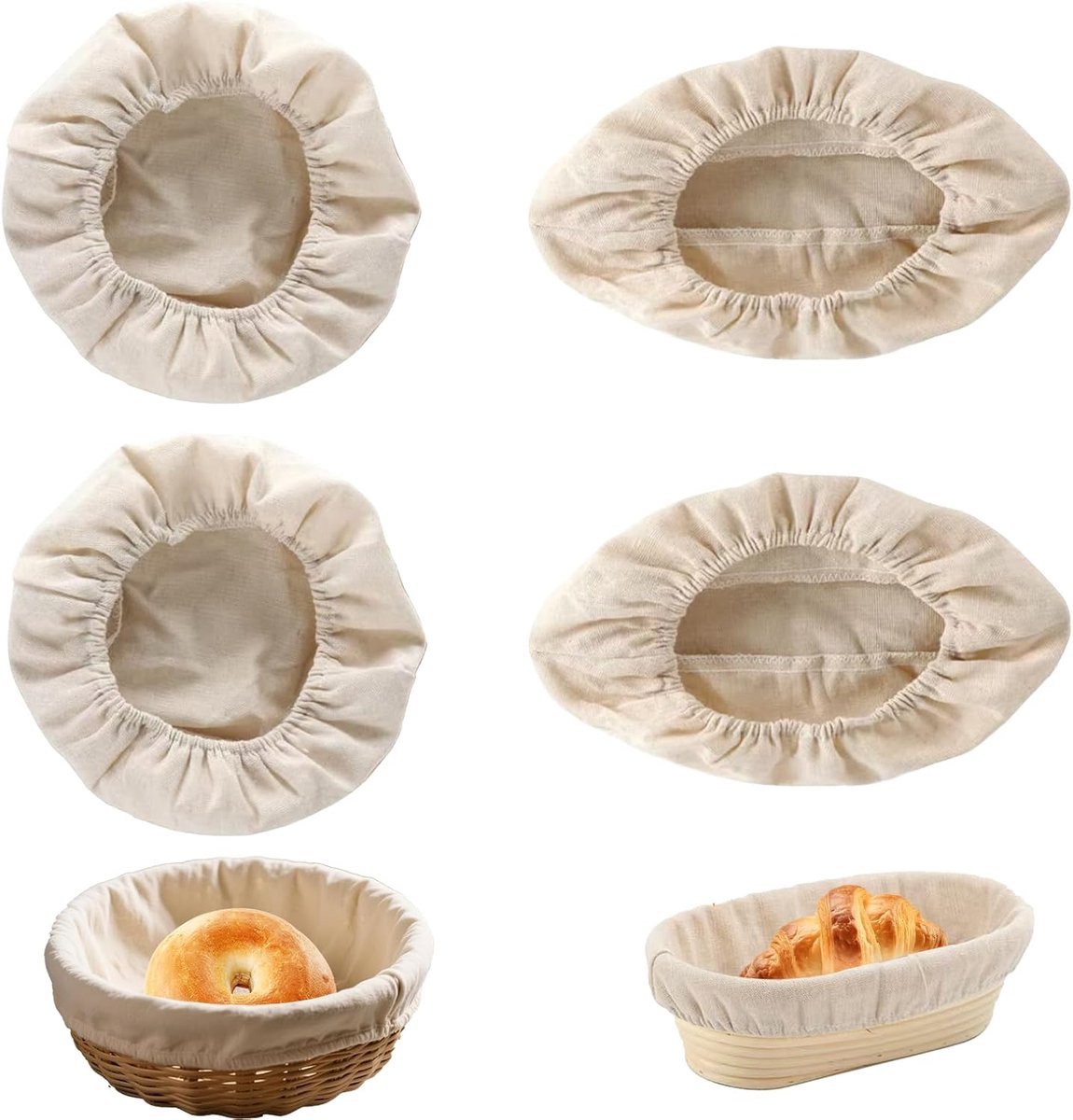 SnelShoppen - 4 Baskets voor Brood, Ovalen Bakkerijdoeken, Katoenen Voering voor Bannetons, Ovalen en Ronde Linnen Doeken met Elastiek, Bakaccessoires