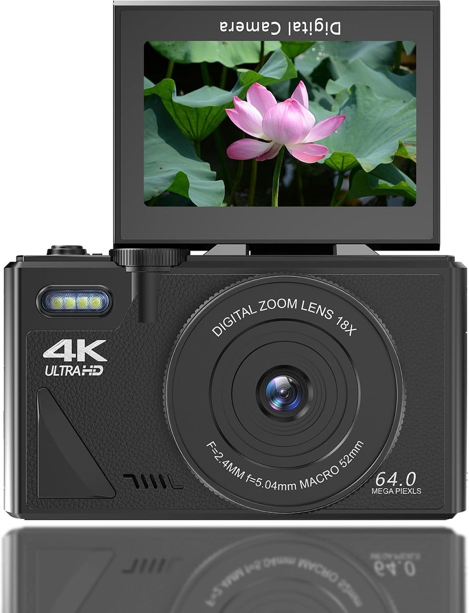 SnelShoppen - Digitale Camera 64MP UHD 4K met 18x Zoom en 3 Inch Flip Screen - Ideaal voor Kinderen, Tieners en Volwassenen - Compacte Reiscamera in Z