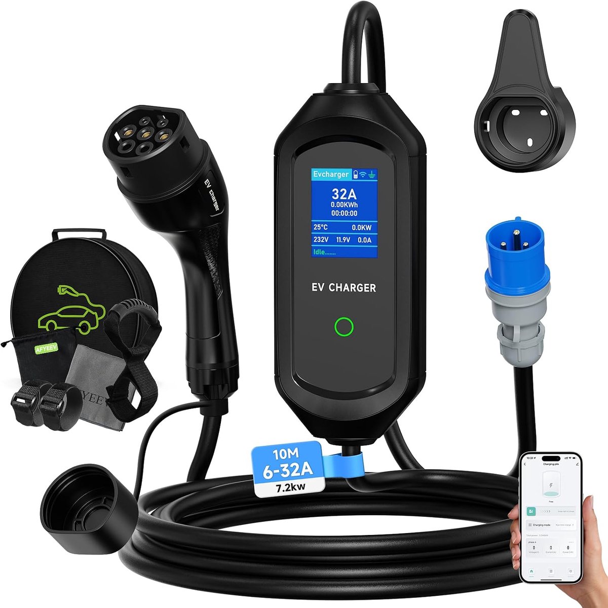 SnelShoppen - Type 2 Oplaadkabel 7.2 kW 10 m - Elektrische Auto Lader met Instelbare Stroom 6/8/10/13/16/20/24/32 A - EV Charger Incl. Tas - IEC 62196