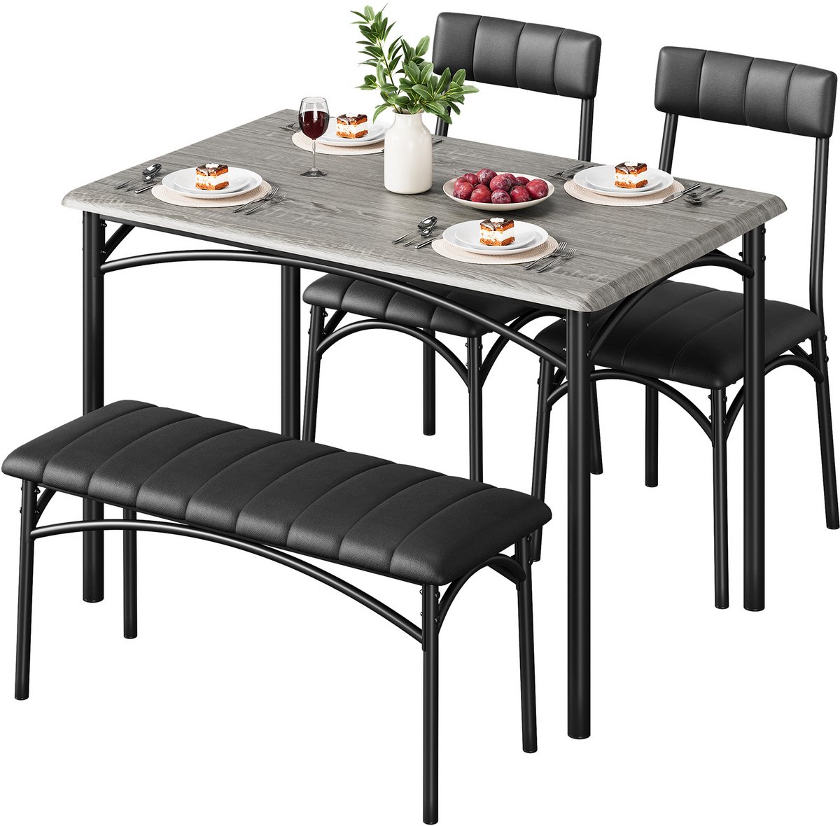 Triumpunpre Eetkamerset 4-delig - 1x Eettafel 110x70x76 cm + 3x Gestoffeerde Eetkamerstoelen - Moderne Eethoek met MDF Tafelblad en Metalen Onderstel - Compacte Eettafel Set voor 4 Personen - Grijs