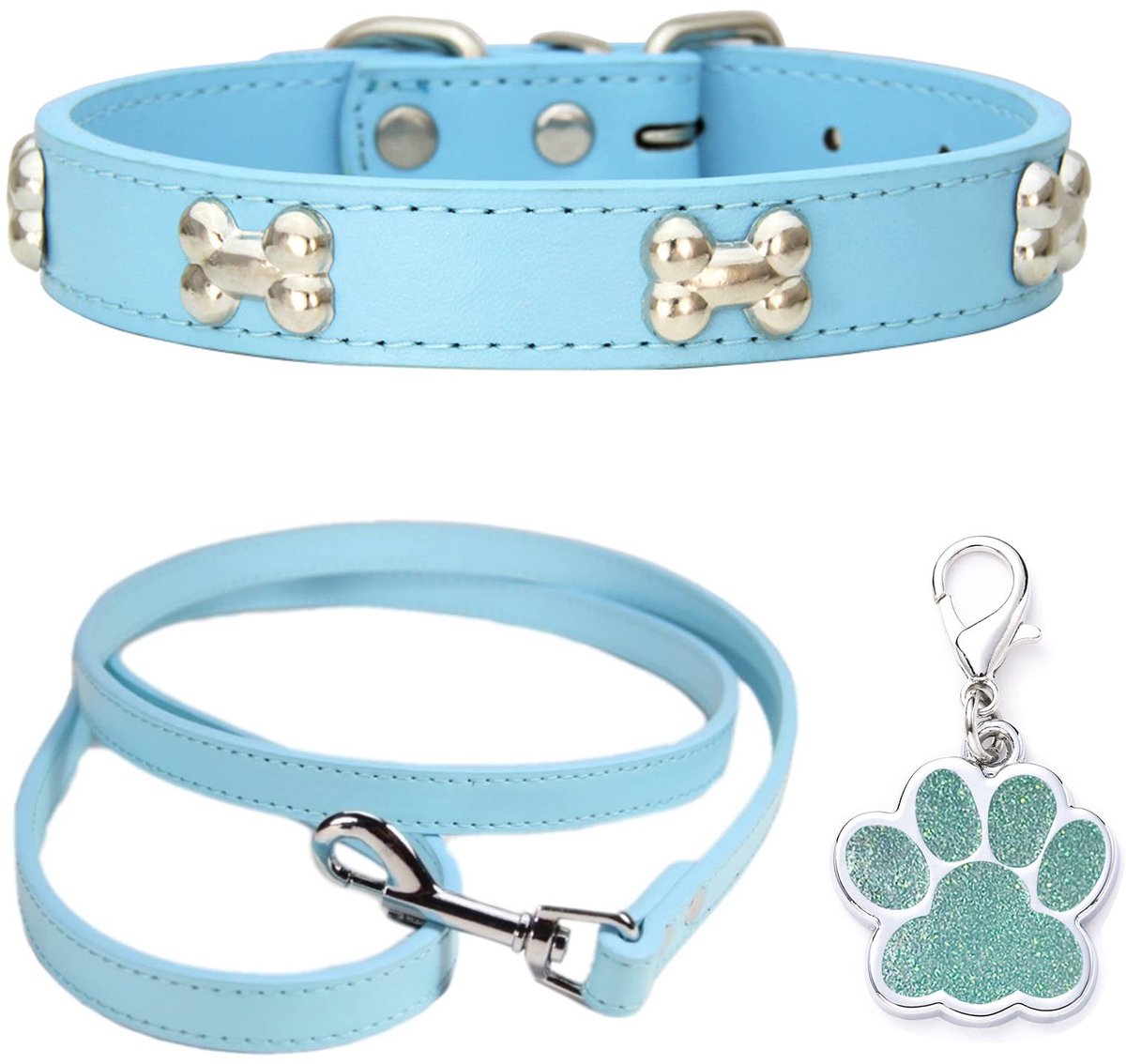 SnelShoppen - HALFSUMO Hondenhalsband en Hondenriem Comboset - Leren Hondenhalsband Verstelbaar voor Kleine en Middelgrote Honden en Katten - Azuurbla