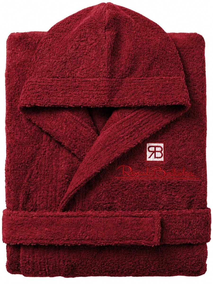 SnelShoppen - Badjas voor heren, bordeaux, badstof met capuchon, zakken en riem, M-XXL, zacht katoenen badjas voor thuis, wellness en relaxen
