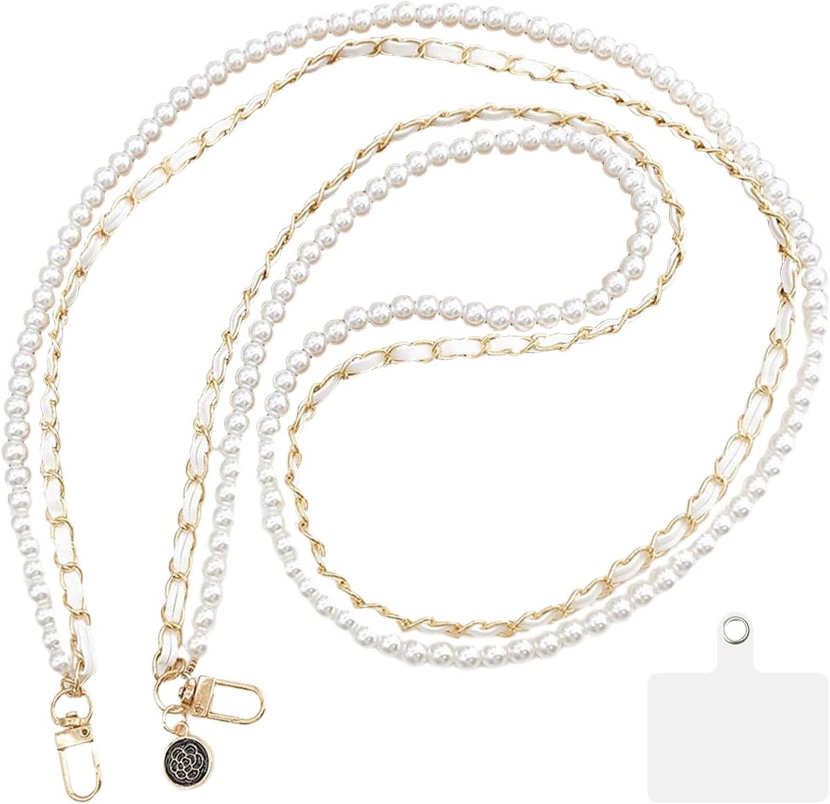 SnelShoppen - Pearl Phone Chain, Universele Dubbele Laag Telefoon Ketting, Lederen Telefoon Strap met Heldere Inzetstukken, Tas Ketting, Parel Halsket