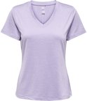 Paars sportshirt met korte mouwen en V-hals.