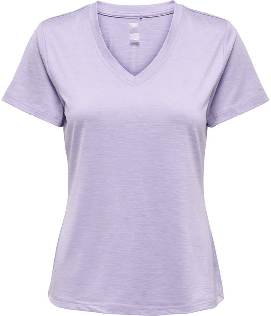 Paars sportshirt met korte mouwen en V-hals.