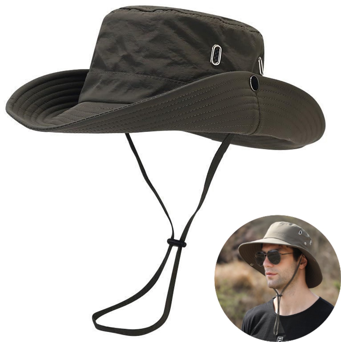 Militair groen Zonnehoeden voor heren en dames – Bucket Hat (UPF 50+) & Boonie Hat – Opvouwbaar, UV-bescherming – Voor wandelen, strand, vissen, zomer en safari