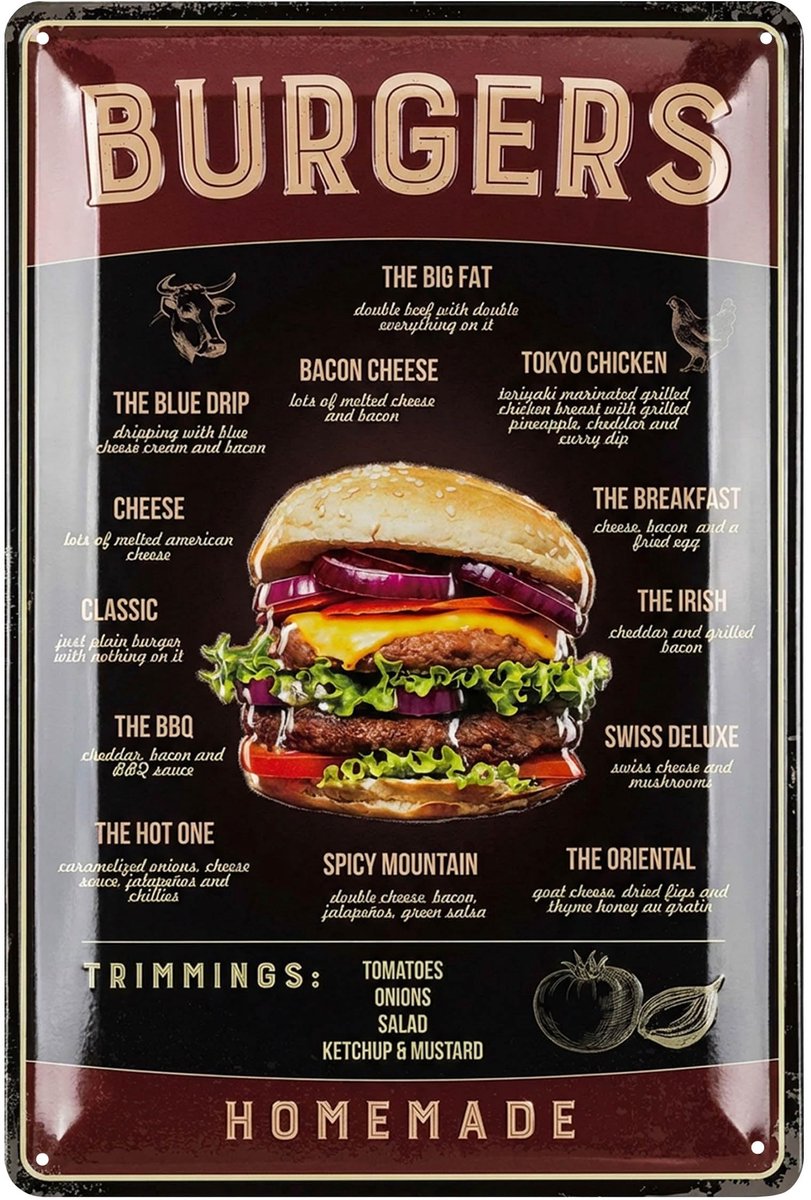 SnelShoppen - Retro metalen bord voor burgers recepten - Blikken bord grillen BBQ decoratie 20 x 30 cm voor tuin, keuken, grillplaats, feest en campin