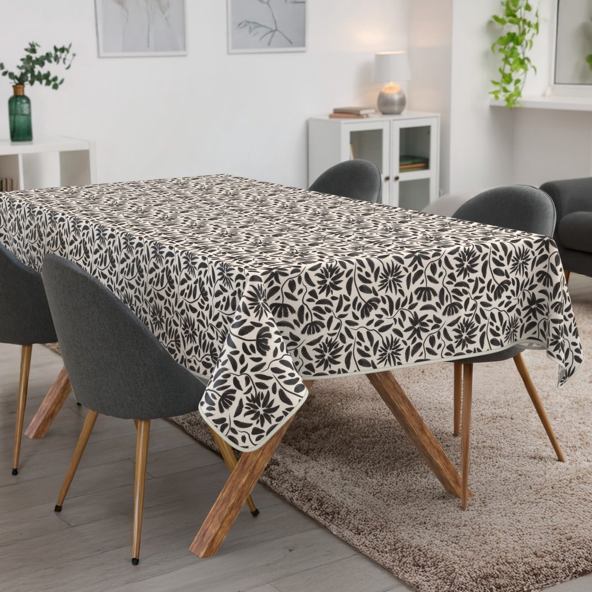 ANRO Tafelkleed Bladeren Zwart 180x140cm Met sierband Afwasbaar Waterafstotend Binnen & Buiten
