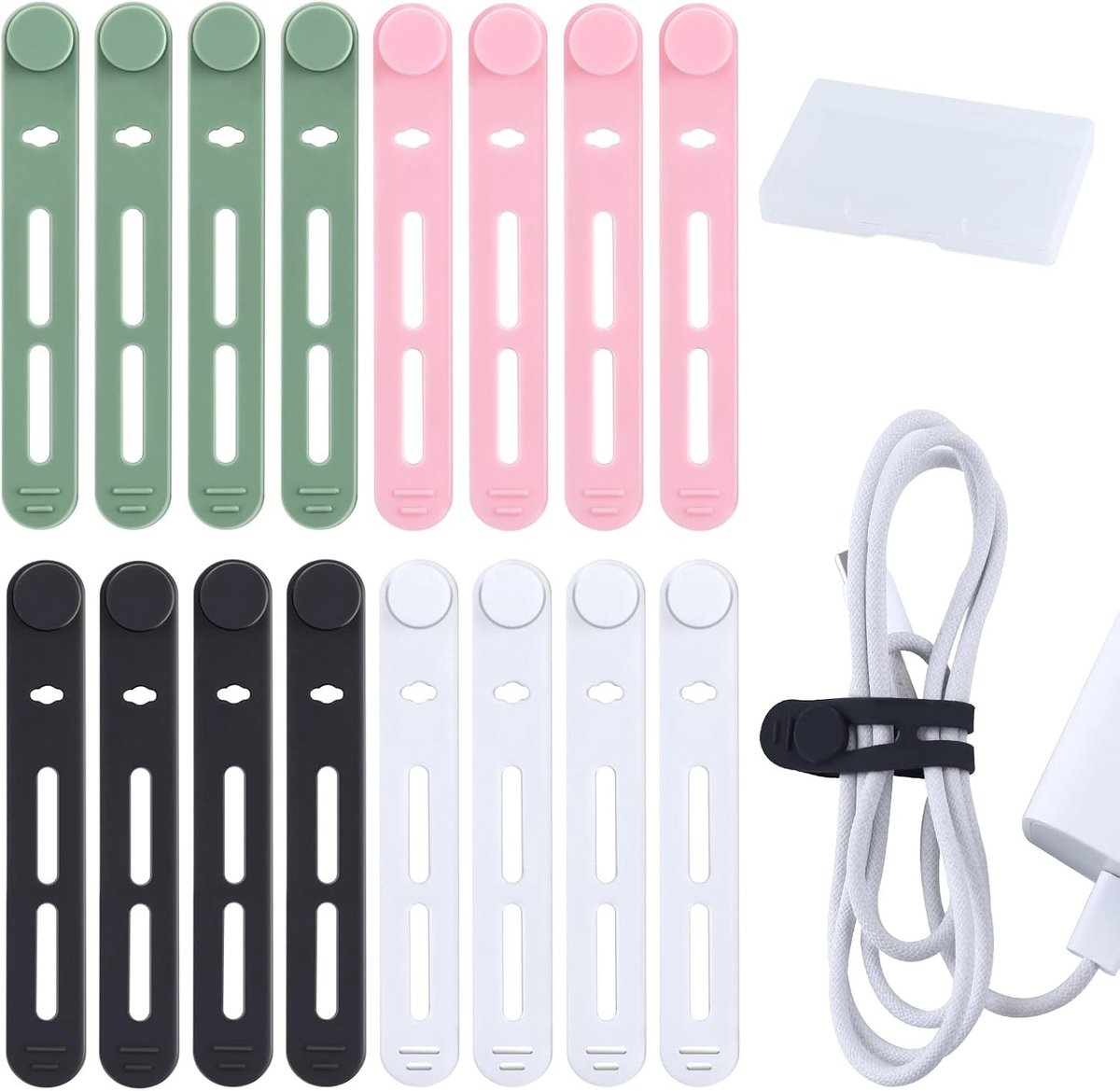 Siliconen Kord Organizer met Opbergdoos - 16 Stuks Herbruikbare Kabelbinders voor Oordopjes, Telefoonoplader en Computerkabels in Huis en Kantoor