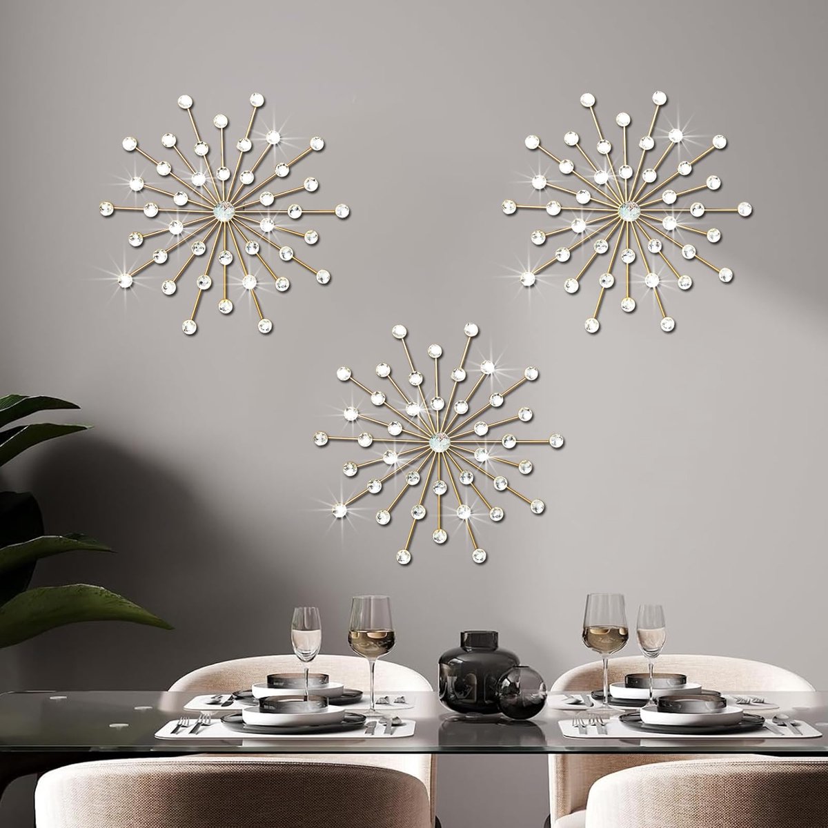 SnelShoppen - Goudkleurige Metalen Wanddecoratie Set van 3 - Edelstenen & Kristallen Ster en Zon Ontwerp - Diamanten Accenten voor Woonkamer, Slaapkam