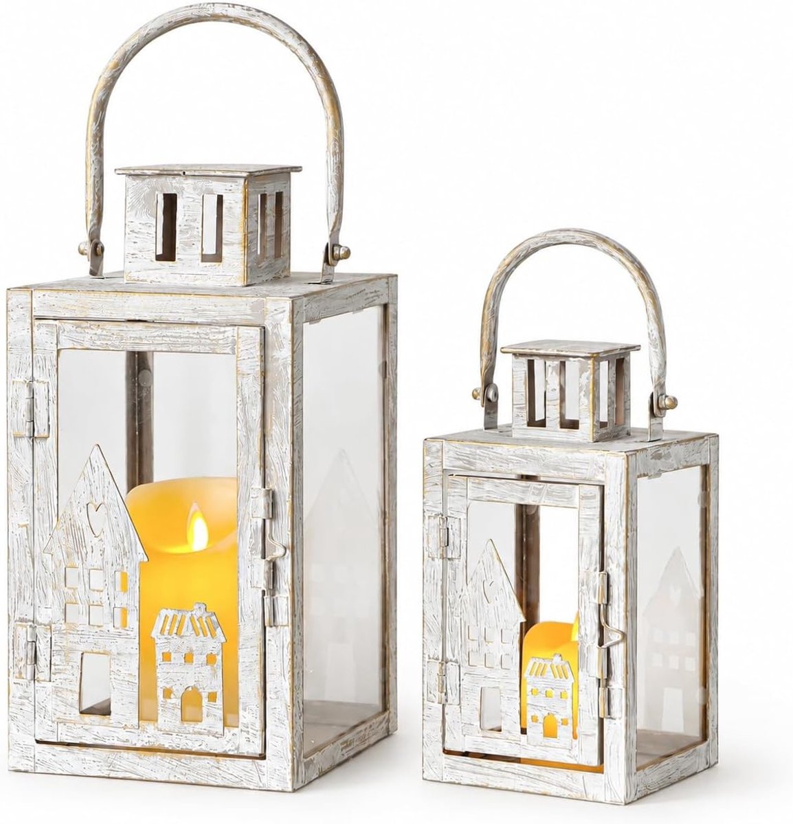 Decoratieve Lantaarn Set van 2 - Vintage Metalen Kaarsenhouders voor Tuin en Woonkamer, Geschikt voor Binnen en Buiten (Grijs met Gouden Accenten)