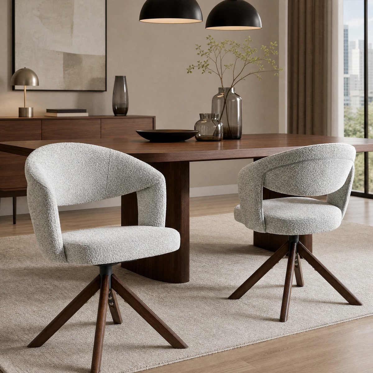 MEUNIQ draaibare eetkamerstoelen set van 2 met armleuningen, lichtgrijze stof, walnootkleurig houten onderstel, 81,5 cm hoog Lichtgrijs