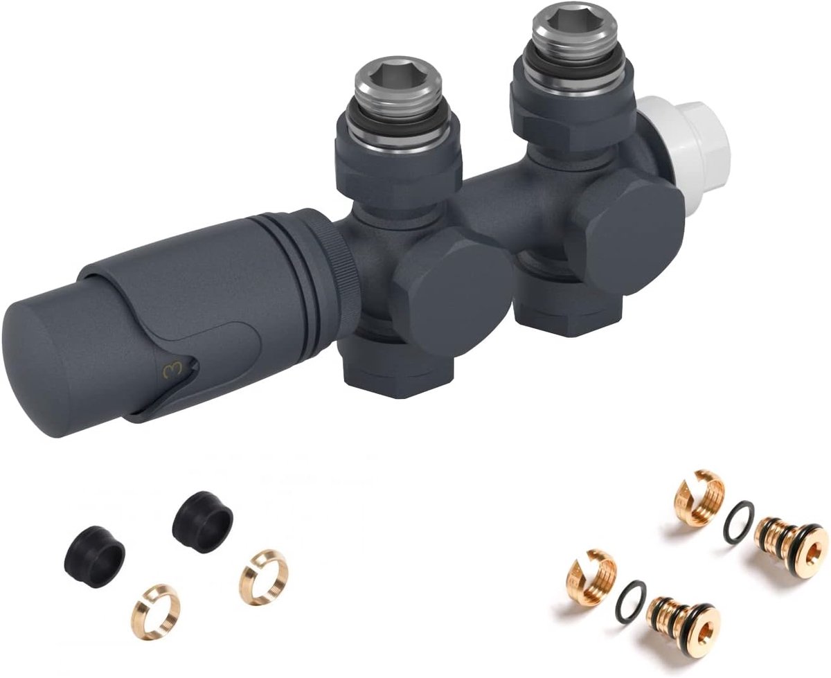 SnelShoppen - Tap Block 6-Way Multiblock Ventielset met Thermostaatknop - Grijs Antraciet - Messing, Nikkel Geplateerd, Voor Radiatoren, Inclusief Aan