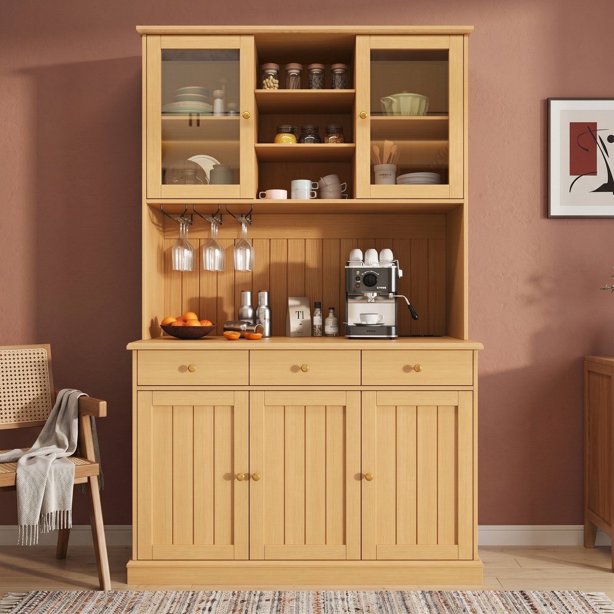 DESMIU Buffetkast - Glazen Deuren Met Lade En Glazenhouder - Met Stopcontact En USB Voor Eetkamer Of Keuken - Spaanplaat - 120x40x191 Cm - Naturel