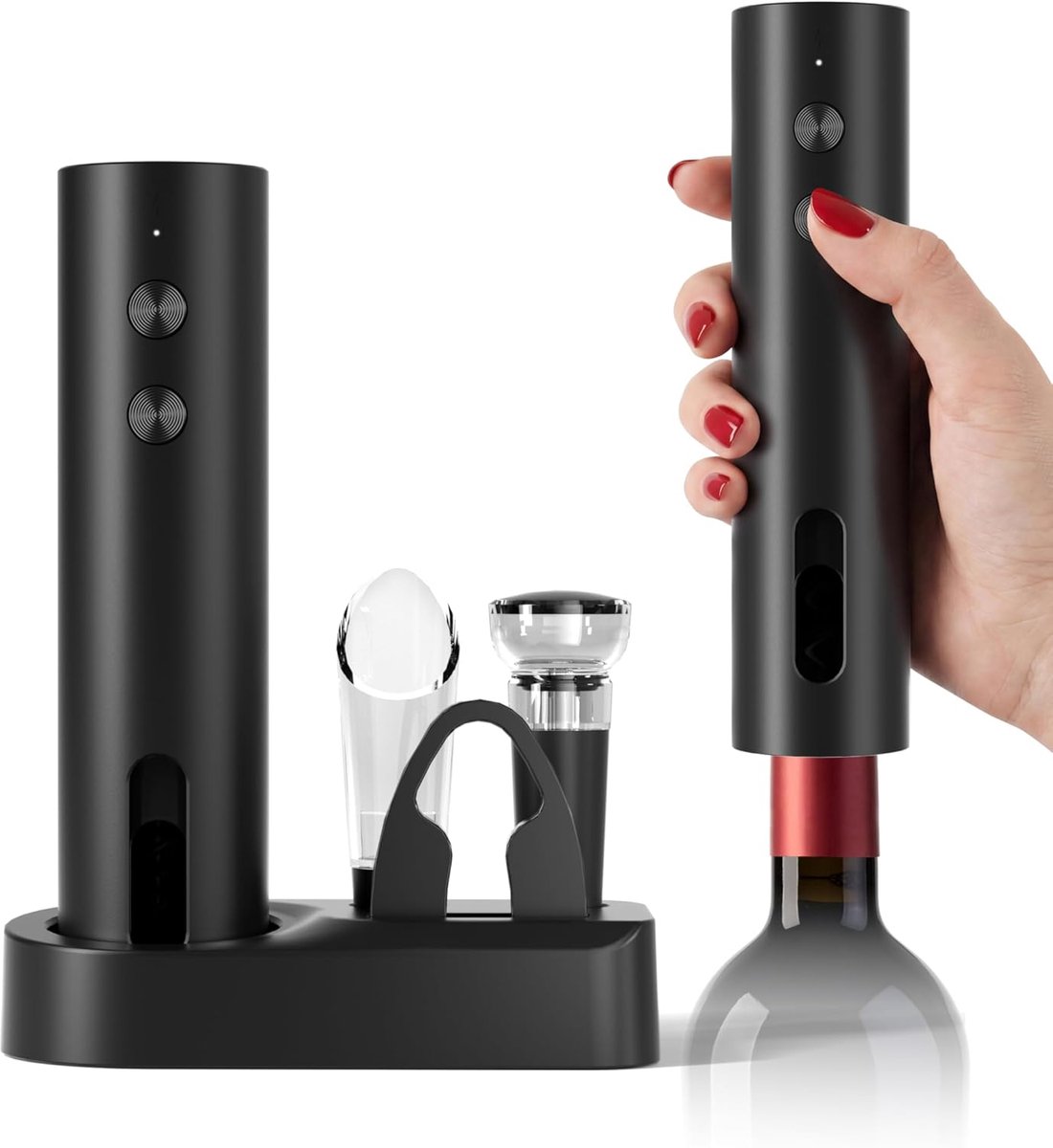 Elektrische wijnopener-kurkentrekker-kurkentrekker wijn-elektrische kurkentrekker-Oplaadbare 5-in-1 elektrische flesopenerset - Perfect voor thuisbars, feestjes en huwelijksgeschenken - Zwart - 22 cm