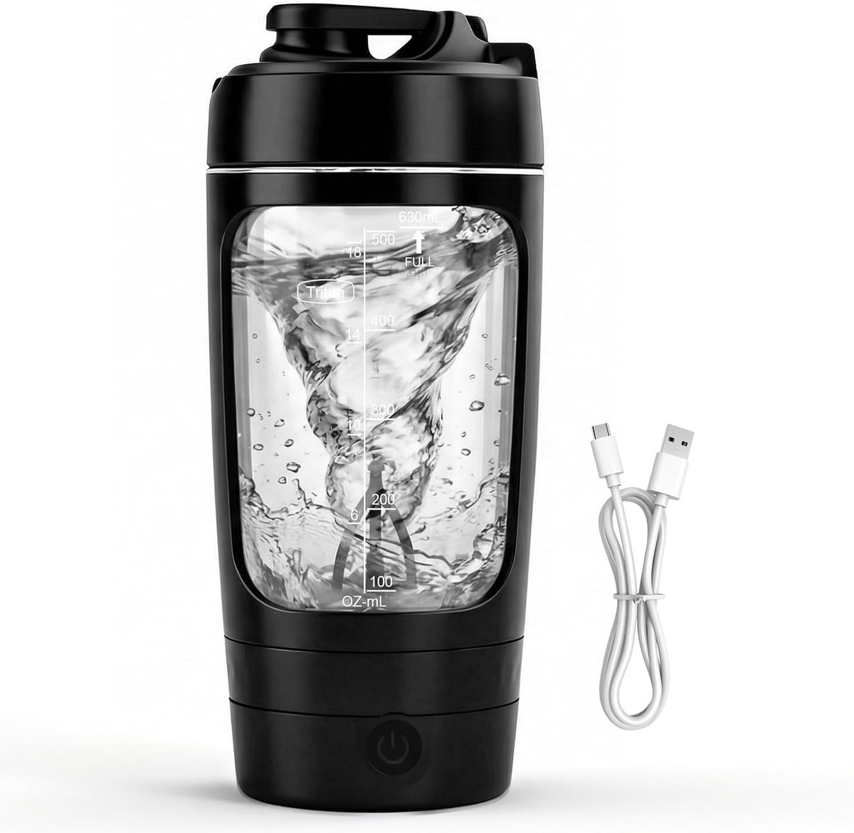 Elektrische eiwitshaker 630 ml, oplaadbare elektrische eiwitshaker (USB-C), vortex-mixer (9000 tpm), BPA-vrij, shakerfles voor fitness, sportschool en onderweg（zwart）