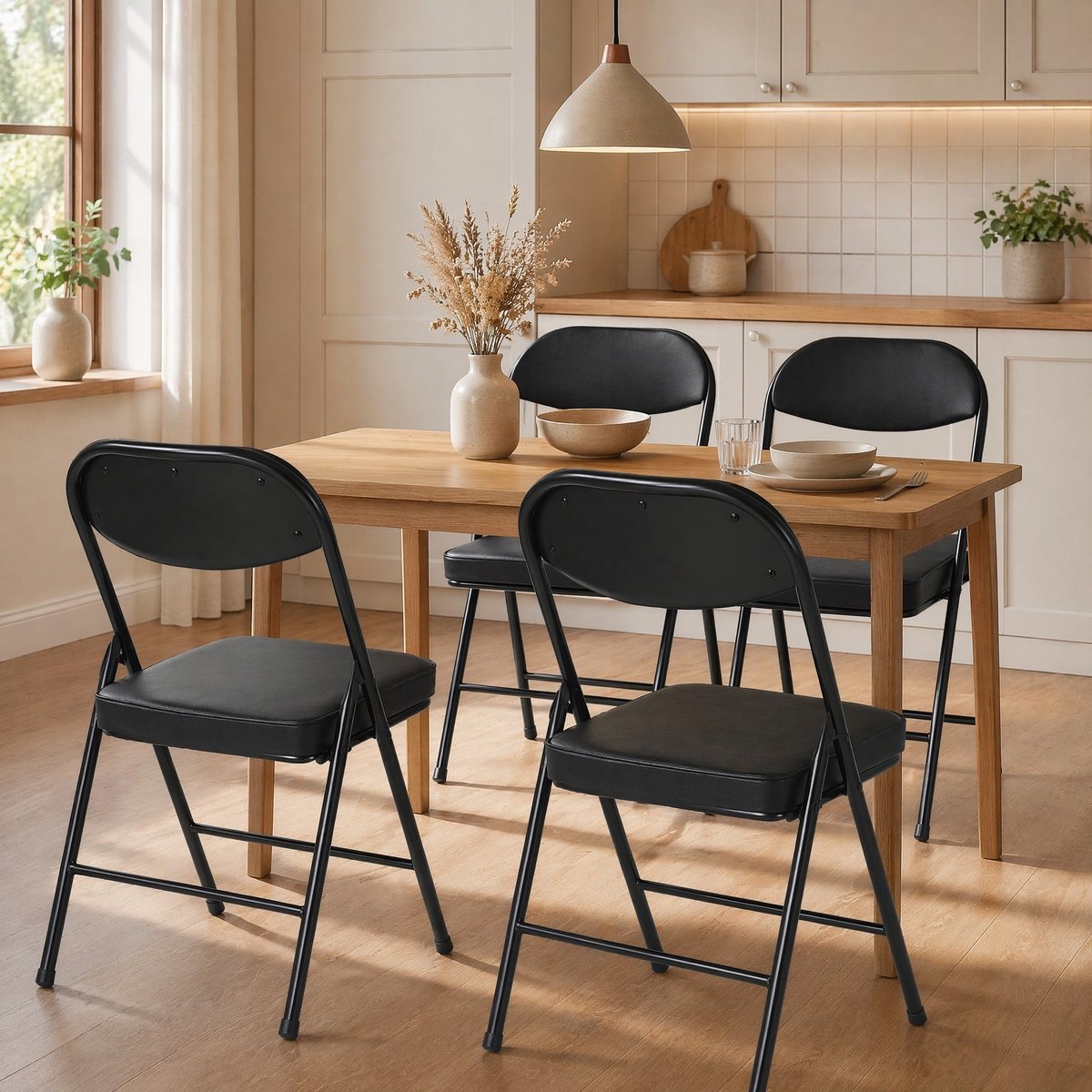 MEUNIQ opvouwbare stoelen set van 4 met gewatteerde zitting, stalen frame, zonder montage, voor binnen en buiten, zwart Black