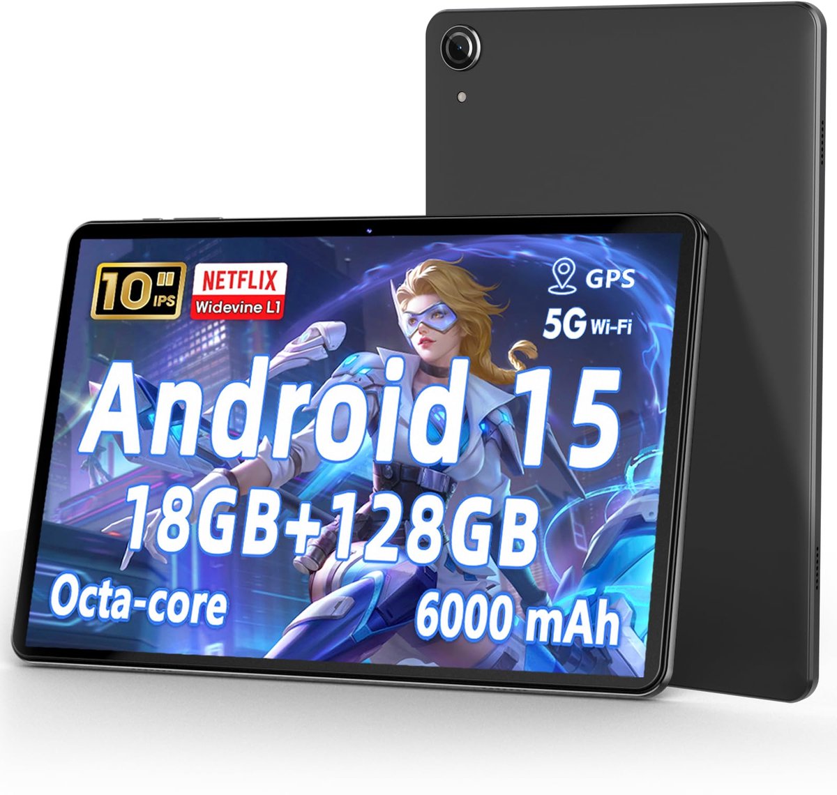 SnelShoppen - 10 Inch Android 15 Tablet met 18 GB RAM, 128 GB ROM (Uitbreidbaar tot 1 TB), Octa Core, 1280x800 IPS HD, 6000 mAh, Dubbele Camera, 5G/2.