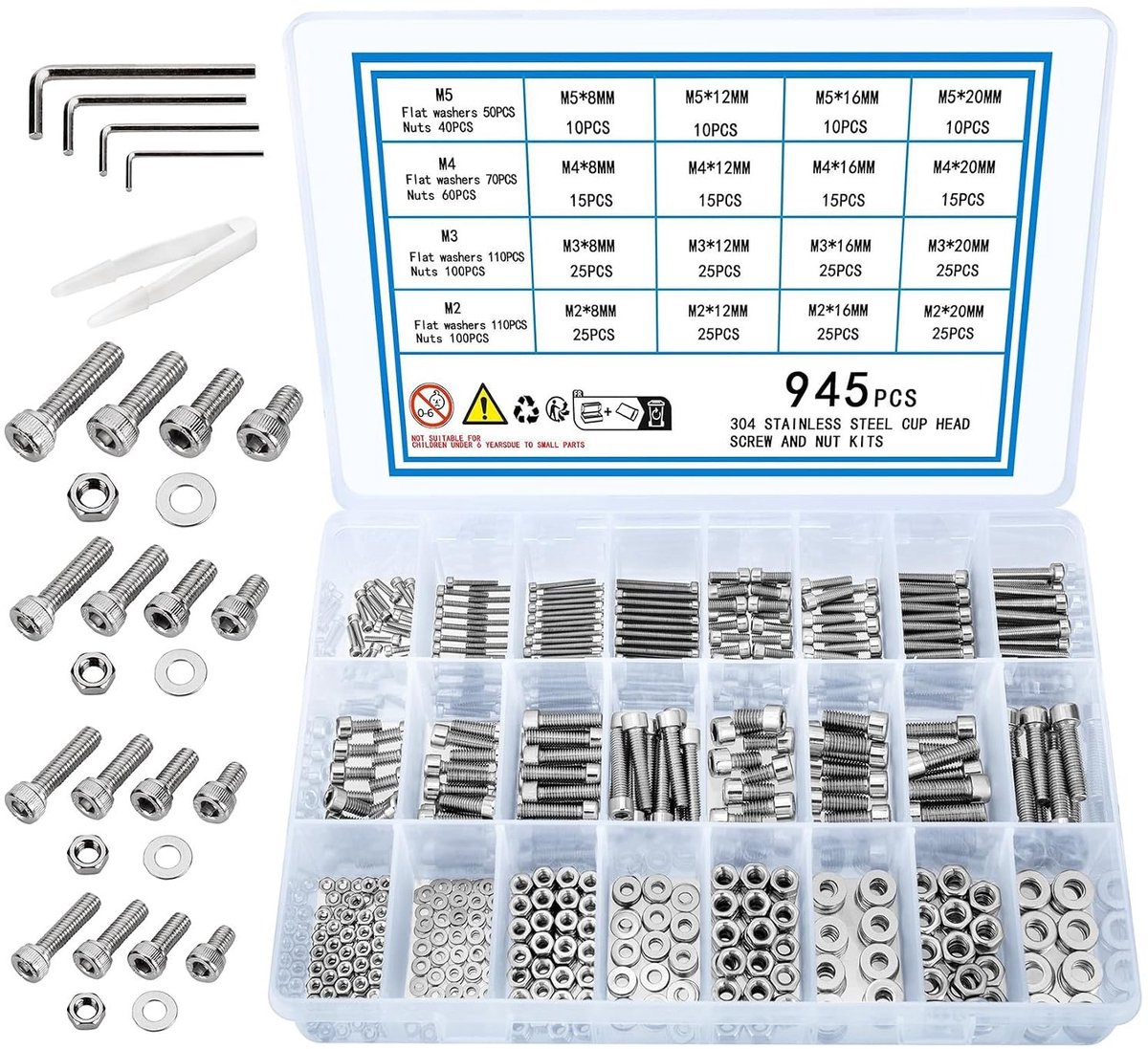 Complete Set van 945 Stuks Cilinderschroeven met Zeskantkop, Moeren en Ringen - RVS M2 M3 M4 M5 Schroeven voor Diverse Toepassingen