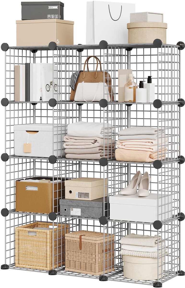 Triumpunpre Opbergrek 12 Vakken – Modulair Grid Rek, Stapelbaar & Ruimtebesparend – voor Schoenen, Kleding, Boeken & Accessoires – Slaapkamer, Hal & Kantoor – 94 x 32 x 125 cm – Grijs