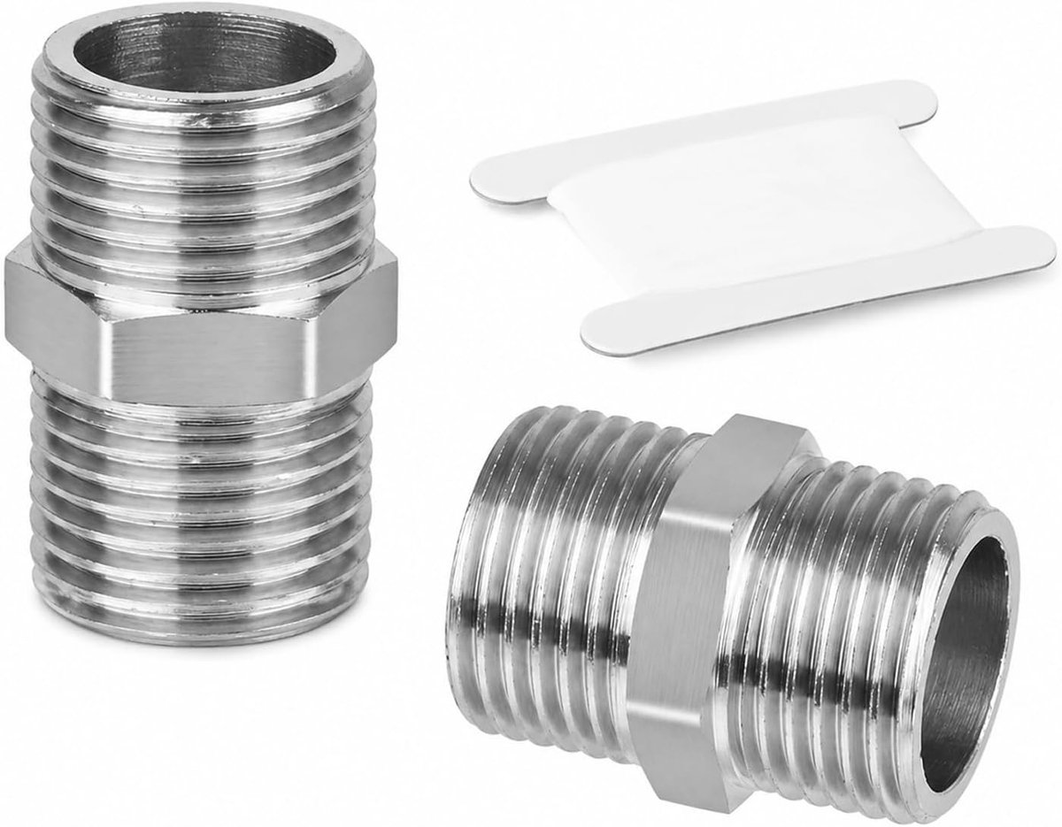 SnelShoppen - Set van 2 RVS Double Nipple 1/2 inch, Hexagonaal G1/2, Inclusief 1m Sealing Tape, Perfect voor Verwarming, Drinkwater, Sanitaire Klussen