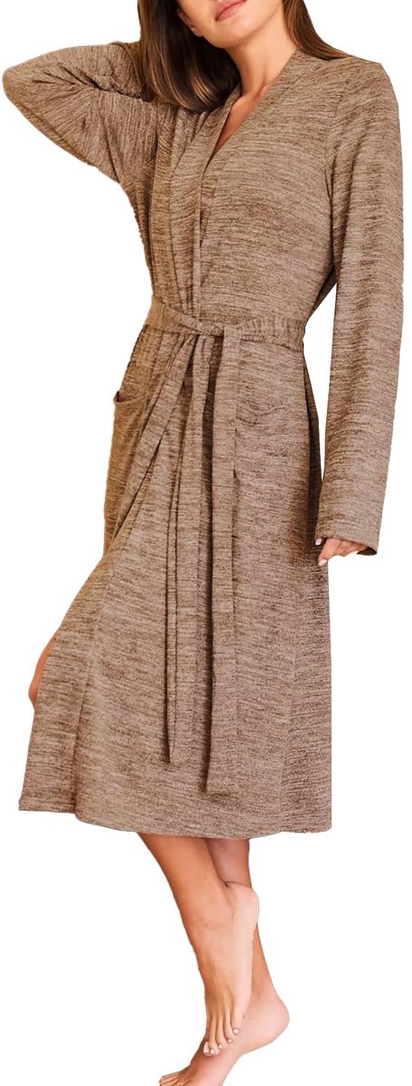 SnelShoppen - Dames Badjas, Zachte en Comfortabele Ochtendjas met Riem en Zakken, Bruine Saunamantel, Loungewear en Nachtkleding M