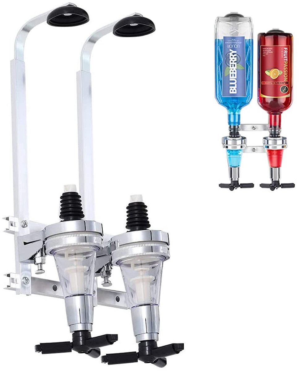 SnelShoppen - Dubbele Hoofd Dispenser Flessenhouder Wandgemonteerd Drinkdispenser Aluminium Geschikt voor Gezinnen, Bars en Bartenders (2 Bekers)
